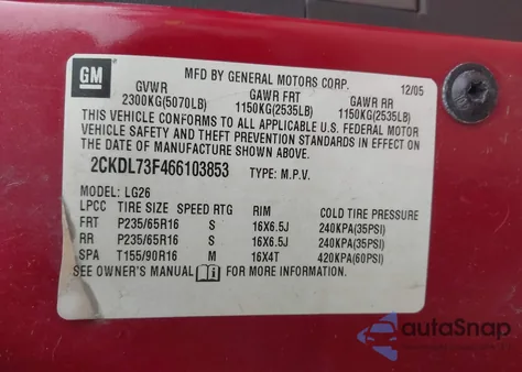 2006 Pontiac Torrent z USA, uszkodzony, nr VIN 2CKDL73F466103853